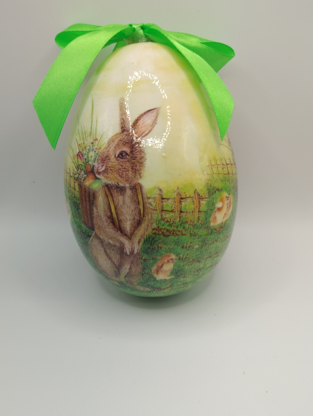 Easter Bunny Paper Mache Decorative Egg - Green Ribbon 5 inches